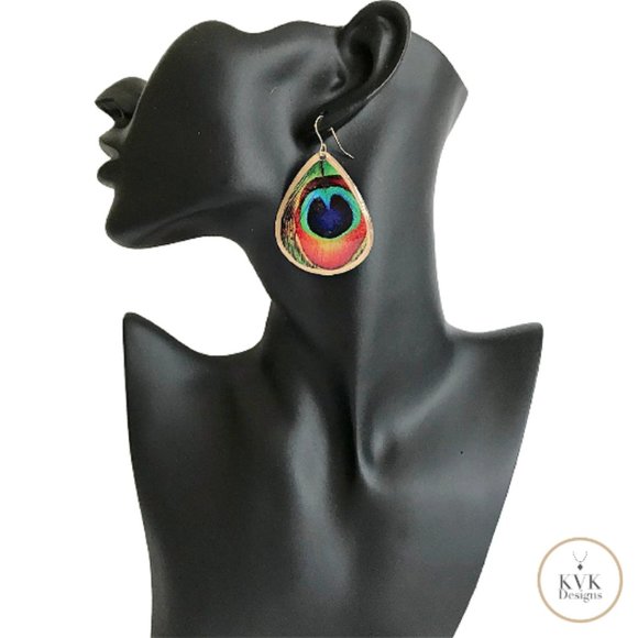 Peacock Feather Enamel Tear Drop Earrings, Boho Earrings - Picture 1 of 5